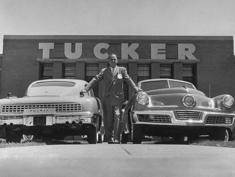 Preston Tucker with this family after acquittal in Federal Court, Chicago,  Jan. 22, 1950 on mail fraud charges. Left to right: his son, John; Mrs. Preston  Tucker, Jr., and Mrs. Tucker, Jr.;