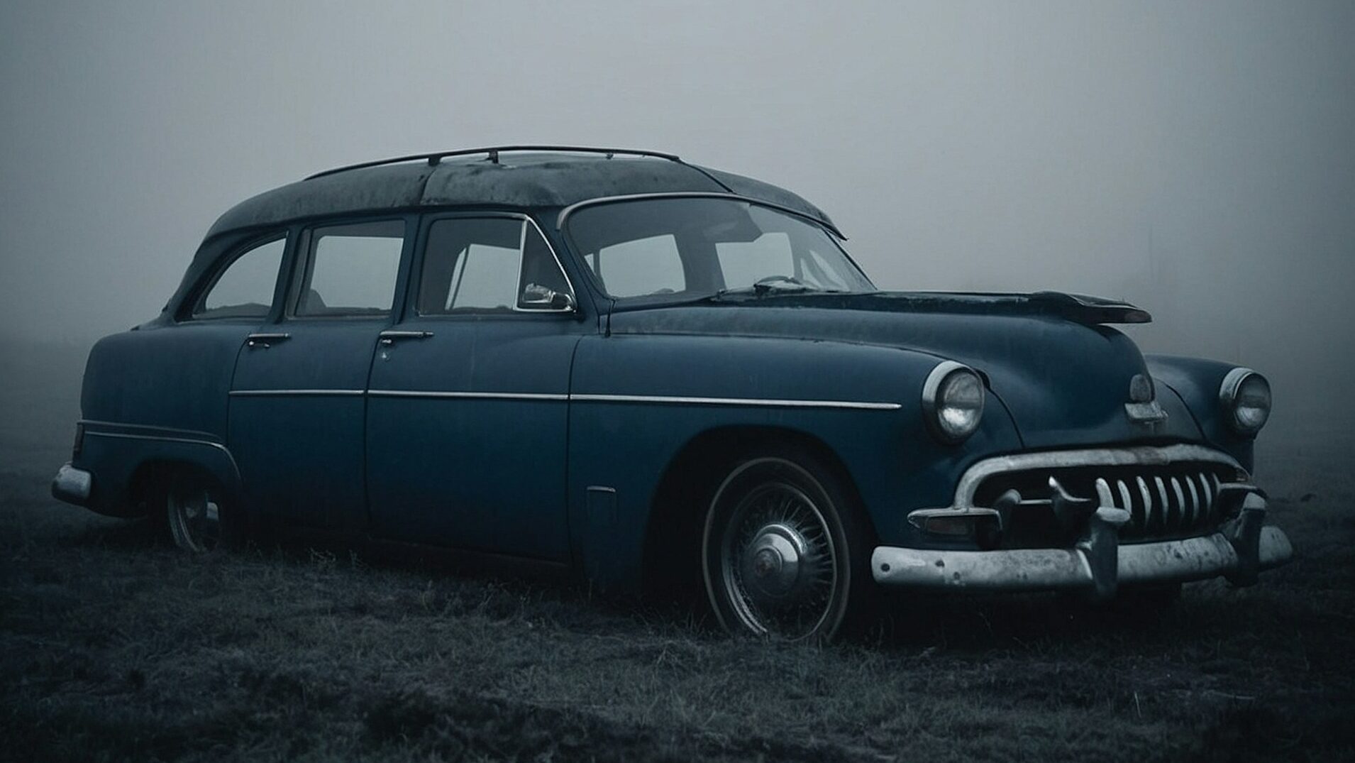 old car in a field, probably a desoto